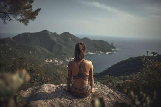 Back view of unrecognizable woman immersing herself in mountain serenity during meditation - Generative AI