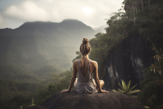 Back view of beautiful woman in deep meditation, captivated by mountain panorama - Generative AI