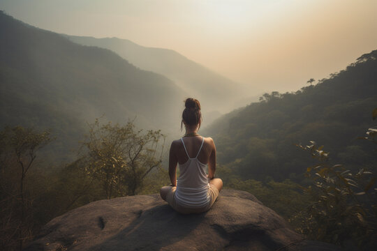 Back view of beautiful woman in deep meditation amid breathtaking mountain backdrop - Generative AI