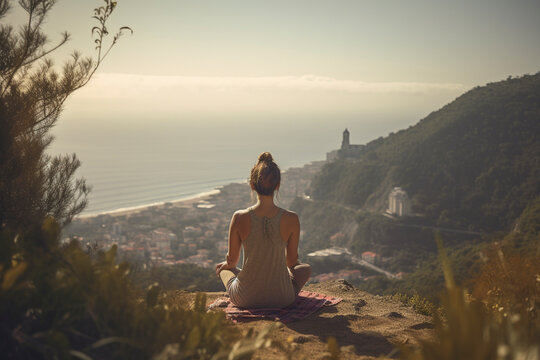 Back view of wonderful female practicing yoga in awe-inspiring mountain location - Generative AI