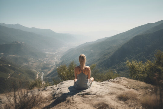 Back view of beautiful girl meditating in stunning mountain setting - Generative AI