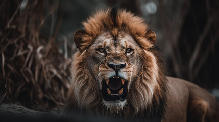 Naklejka na ściany i meble Angry lion in jungle