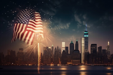 Ai generated illustration Patriotic spirit of the United States, with an American flag unfurled against a backdrop of colorful fireworks celebrating Independence Day