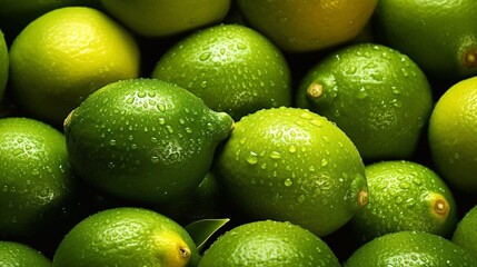  Limes background. Fresh green lime with water drops. AI generated