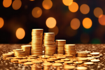 Golden coins with lights in the background