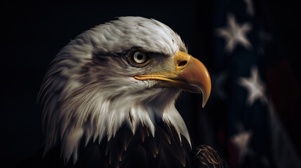 Ai generated illustration of  an American bald eagle in front of USA's flag.