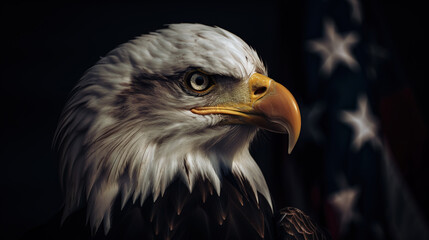 Fototapeta premium Ai generated illustration of an American bald eagle in front of USA's flag.