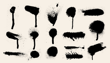 Set of spray paint elements, lines and drips black ink splatters, Ink blots set. Vector Street style splashes, paint streaks, drops. Highly detailed textures taken from high res scans. Graffiti design
