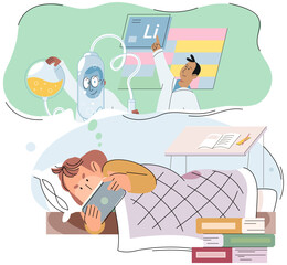 Person lies in bed and studying chemistry lesson online with tablet pc. Student at home with distance learning, chemical classes. Man having class on digital gadget. E-learning or adult advance