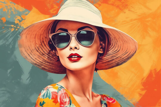 Fashion woman retro style. Travel collage , pop art. Post processed AI generated image