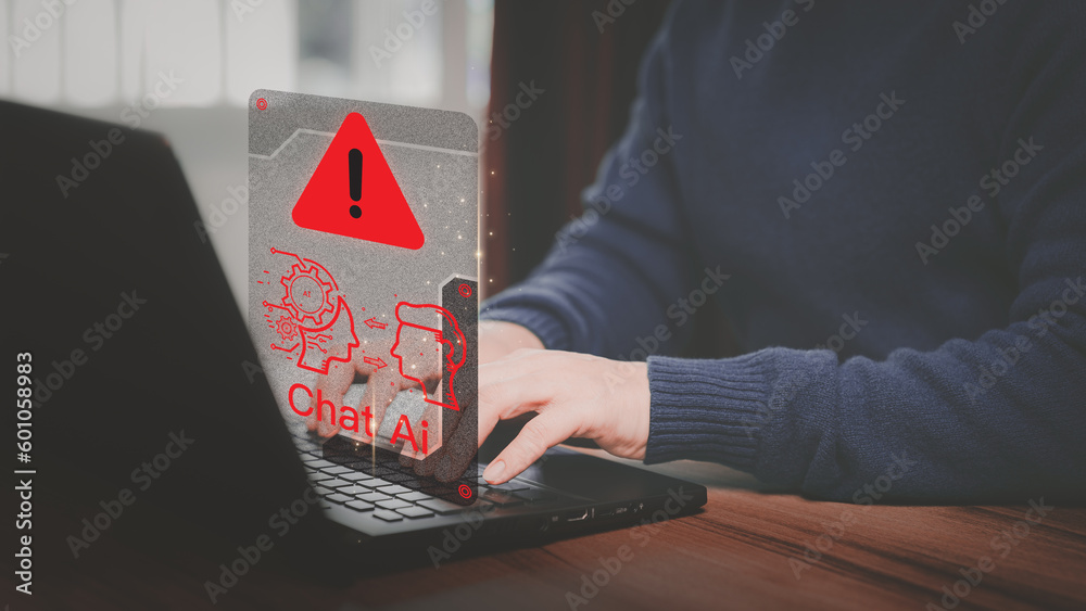 Poster Young man using computer chatting with a smart AI using an artificial intelligence chatbot with triangle caution warning sign for notification error concept. Ai with Chatbot, Artificial Intelligence.