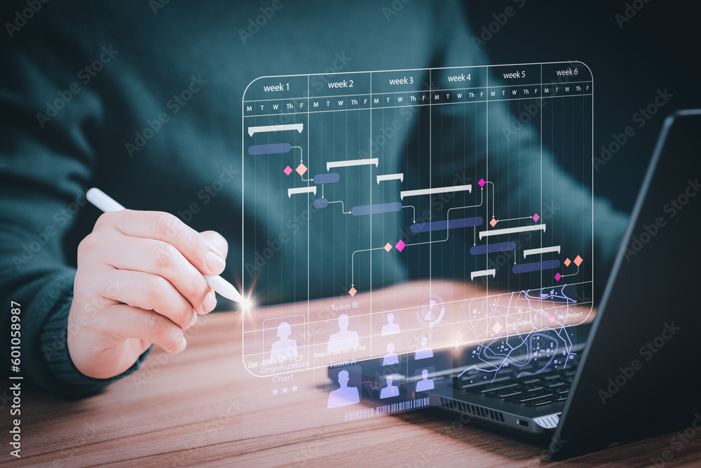 Poster Man working with technology computer in business analytics and data management system to make report with KPI and metrics connected to database. Corporate strategy for operations, planning, marketing