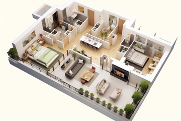 3D plan top view of a modern apartment interior design with furniture and decor