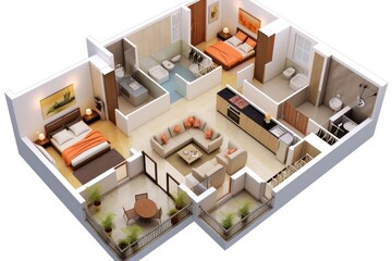 A detailed 3D plan of a modern apartment interior design, highlighting the furniture decor layout.