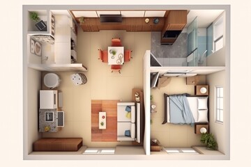 architect modern apartment interior design concept, displayed top-down 3D plan view with furniture