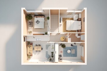 top-view 3D plan of modern apartment interior design, layout of furniture and decor designer vision