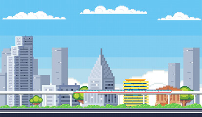 City buildings. Downtown pixelated cityscape. Scenery skyline. Urban neighbourhood. Suburban town and subway train. Sky landscape. Modern architecture and park. Daytime panorama in pixel art style