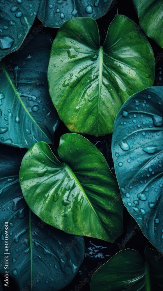 Poster jungle foliage with water droplets, creating a fresh and invigorating background for your designs.