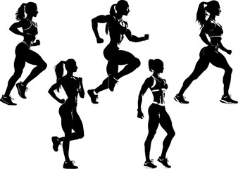 Fitness girl silhouette, vector set