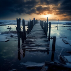 mystical ruined pier melting ice floes, generative ai