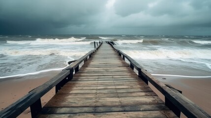 Obraz premium Perspective view of wooden pier on seashore