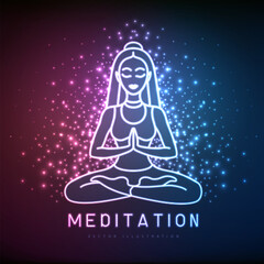 Neon meditating woman silhouettes on outer space background. Vector illustration