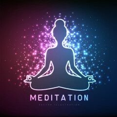 Neon meditating woman silhouettes on outer space background. Vector illustration