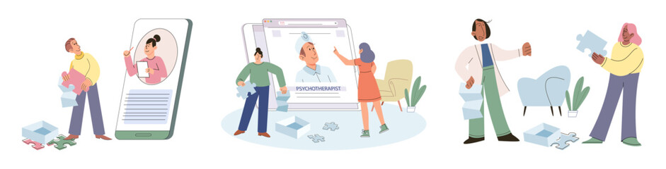 Psychologist and patient with tangled and untangled mind metaphor, doctor solving psychological problems couch consultation, mental health. Online ai therapy. Mental therapy sessions game. Life puzzle