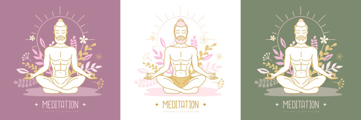 Fototapeta na wymiar Handsome man meditation in lotus position with floral elements. Vector illustration