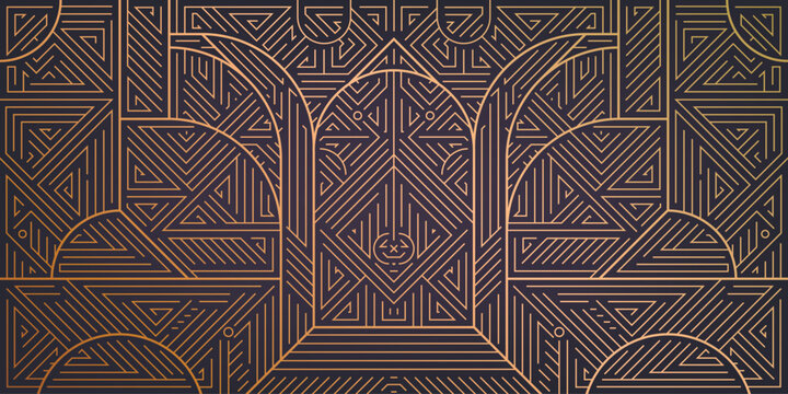 Vector abstract geometric golden background, retro city, archs. Art deco wedding, party pattern, geometric ornament, linear style. Horizontal luxury decoration element, architecture structure.