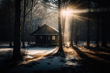 front of an Old Country Ranch in a forest, sun coming through the trees. 
