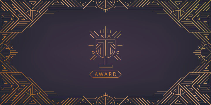 Vector art deco, gatsby frame, award certificate. Line geometric background with winner s cup