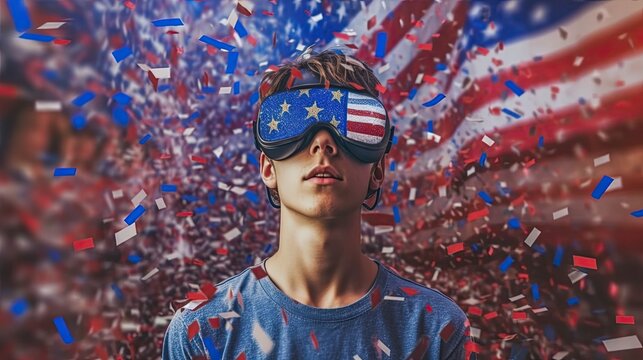 Teen boy wearing an augmented reality headset showing confetti celebrating 4th of July, American flag background,generative ai.