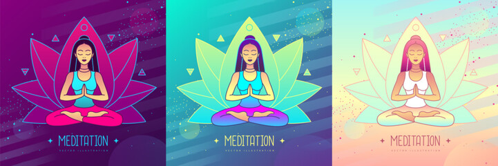 Set of colorful young woman meditation in lotus position with four elements ans Ether. Lotus flower sign. Vector illustration