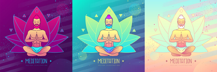 Set of colorful men meditation in lotus position with four elements ans Ether. Lotus flower sign. Vector illustration