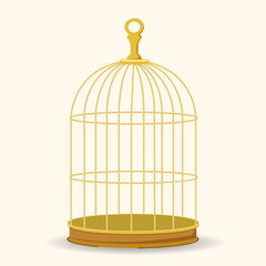 Golden cage for a bird. House for the bird. Pet. Vector illustration in cartoon style.
