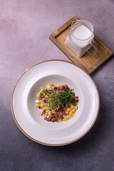 okroshka in the restaurant, prepared by the chef
