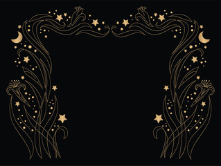 Wedding card with moon, stars, lily glitter, royal luxury gold on dark background.