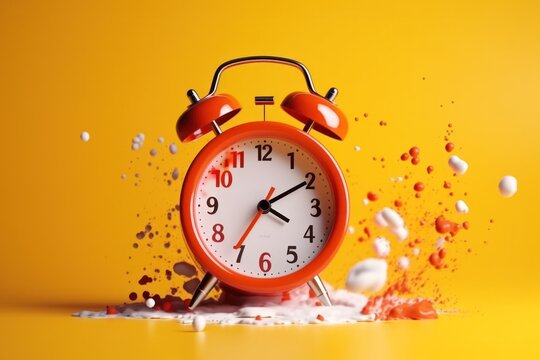 transience of time, retro alarm clock exploding dissolving flurry of dust particles, yellow backdrop