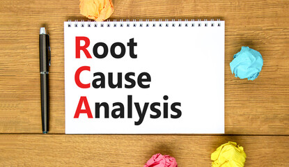 RCA root cause analysis symbol. Concept words RCA root cause analysis on white note. Beautiful wooden table wooden background. Business and RCA root cause analysis concept. Copy space.