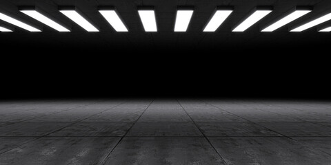 Dark showroom with top light system, concrete reflection floor and empty space. Futuristic underground background.