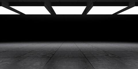 Dark showroom with top light system, concrete reflection floor and empty space. Futuristic underground background.