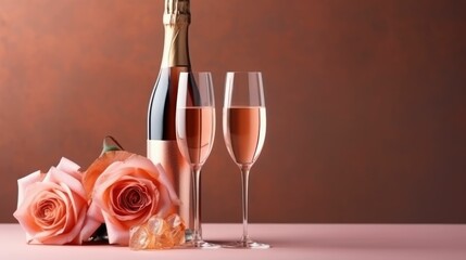 Bottle of rose sparkling wine with crystal stemware
