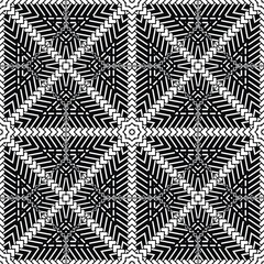 Black and white abstract geometric seamless pattern. Vector ornamental monochrome background. Endless texture. Zigzag, dotted lines, shapes, rhombus, squares