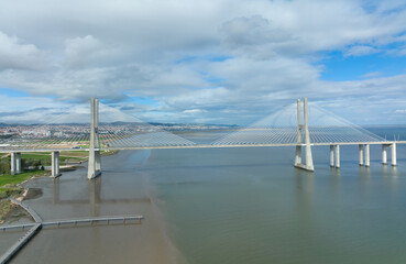 Vasco Da Gama Bridge in Lisbon, Portugal over the Tagus River. Drone Point of View