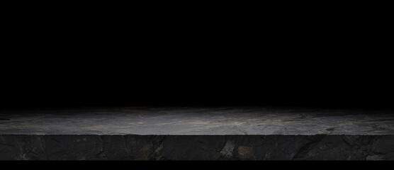 Granite countertop with light empty space and black background. Concrete showroom.