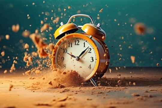 wake-up concept, featuring a vintage alarm clock ringing exploding to pieces, creating burst energy