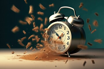 explosive essence of waking up, vintage alarm clock ringing and shattering into dynamic pieces