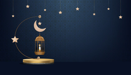 Fototapeta Islamic Podium with Traditional islamic lantern with Crescent moon,Star hanging on Blue Background, Vector Backdrop of Religion of Muslim Symbolic,Eid ul fitr, Ramadan Kareem,Eid al Adha,Eid Mubarak obraz