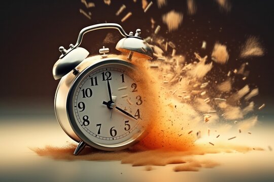 dynamic wake-up call, vintage alarm clock ringing exploding to burst colorful and energetic pieces